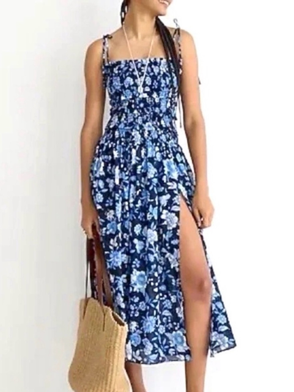J. Crew Smocked Midi Tie-Shoulder Dress Midnight Blue